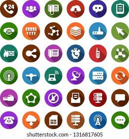 Color back flat icon set - antenna vector, phone alarm, no mobile, wireless notebook, blockchain molecule, satellite, sim card, office, 24 hours, clipboard, connect, network, server, big data, hub
