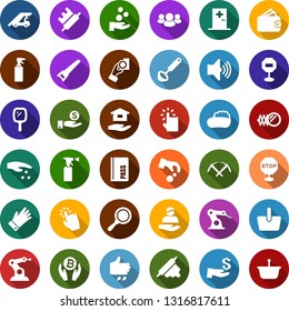 Color back flat icon set - sowing vector, passport, ladder car, medical room, mirror, sprayer, mining, bitcoin palm, basket, soap, house hold, garden fork, glove, saw, manufacture robot, client