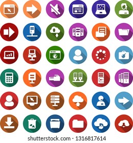 Color back flat icon set - bomb in case vector, right arrow, mining farm, bitcoin cloud, notebook blocks, trash bin, support, folder document, account statistics, calculator, server, network, upload