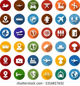 Color back flat icon set - plane vector, taxi, suitcase, departure, baggage conveyor, trolley, airport bus, train, signpost, passport, globe, boarding, seat map, building, picnic table, earth, route