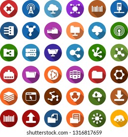 Color back flat icon set - antenna vector, blockchain molecule, cube, folder document, barcode, network, server, cloud, exchange, big data, browser, hub, lan connector, download, uplooad, shared