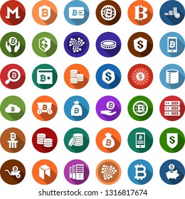 Color back flat icon set - bitcoin sign vector, iota, neo, mining, farm, palm, bag, search, globe, cloud, shield, phone, wheelbarrow, column, wallet, monero, coin, insurance, dollar sun, piggy bank