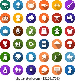 Color back flat icon set - rain vector, sowing, rabbit, umbrella, sun, flower in pot, tree, butterfly, lady bug, seedling, plant label, picnic table, ripper, forest, tulip