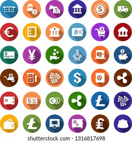 Color back flat icon set - safe vector, ripple sign, litecoin, iota, bitcoin card, cart, wheelbarrow, wallet, dollar, euro, yen, pound, coin, bank, account, atm, cash, piggy, pay, encashment car