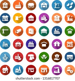 Color back flat icon set - barn vector, farm, barrier, airport building, barbershop, storefront, house hold, greenhouse, offshore oil platform, thermal power plant, hydro, factory, eco, tower crane