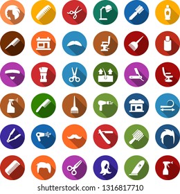 Color back flat icon set - scissors vector, comb, depilation, razor, hair dryer, shampoo, mustache, trimmer, iron, dye, hood, barbershop building, shaving brush, hairdresser chair, straightening