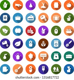 Color back flat icon set - leaf vector, fertilizer, pear, plum, corn, flower in pot, seedling, tree, sproute, plant label, forest, eco factory