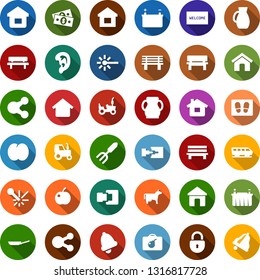 Color back flat icon set - cow vector, plum, tractor, train, bomb in case, ear, welcome mat, garden fork, bench, battery, laser, cash, share, home, connection, lock, bell