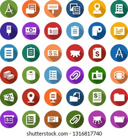 Color back flat icon set - udder vector, ticket, identity, list of services, toilet paper, plant label, draw, pin, cash, receipt, clipboard, folder document, big, finance calendar, account statement