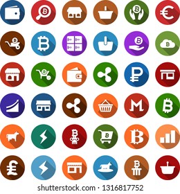 Color back flat icon set - cow vector, shop, checkroom, wallet, bitcoin sign, ripple, storm, growth graph, palm, search, cloud, storefront, cart, basket, wheelbarrow, column, store, euro, pound