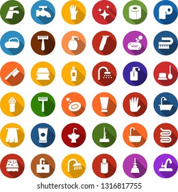 Color back flat icon set - creme vector, shampoo, razor, electric, rubber glove, towel, soap, water tap, fetlock, mop, sponge, car, bath, toilet brush, liquid, paper, shower, sink