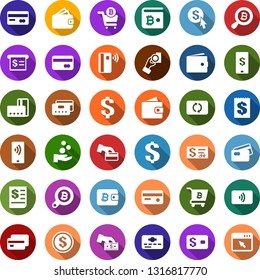 Color back flat icon set - credit card vector, wallet, bitcoin search, cart, receipt, dollar sign, mobile payment, coin, tap pay, exchange, cash, check, money click, cursor browser