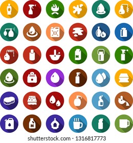 Color back flat icon set - milk vector, can, distilizer, hot cup, pump sprayer, shampoo, parfume, sponge, water drop, splotch, liquid soap, cleaning agent, canister, metallurgy, glass bottle, tea