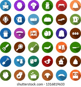 Color back flat icon set - sheep vector, hay, broccoli, bald head, mustache, cloack, mining, drying clothes, foam basin, garden fork, shovel, lady bug, caterpillar, pond, bird, pipes, rack