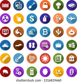 Color back flat icon set - sun vector, broccoli, sheep, ribs, comb, bald head, parfume, bitcoin sign, iota, liquid soap, water closet, flower in pot, glove, fire, shovel, hose, caterpillar, nuclear