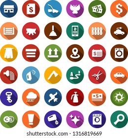 Color back flat icon set - udder vector, washer, sun, scissors, creme, towel, bitcoin phone, storefront, plunger, shine, steaming, seedling, fence, watering, lawn mower, butterfly, rain, axe, cash