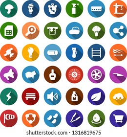 Color back flat icon set - broccoli vector, milk, pig, mushroom, farm, phone alarm, wind, nail polish, hair trimmer, iron, sprayer, straightening, storm sign, soap, scoop, water drop, greenhouse