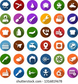Color back flat icon set - eggs vector, farm, pear, baby, boarding, comb, man hair, cooling, water tap, ladder, fireplace, trowel, wheelbarrow, pruner, saw, rain, hose, caterpillar, leaf, earth, eco