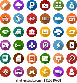 Conjunto de iconos planos de color de fondo - vector de maleta, embarque, globo plano, signo de guión, monero, tormenta, sitio de bitcoin, bolsa, búsqueda, nube, chip, tienda, canasta, gráfico de presentación, barril, tarjeta sim, término