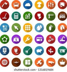 Color back flat icon set - pig vector, airport bus, barrier, plane, credit card, neo sign, mining equipment, blockchain molecule, lock chain, power plug, window cleaning, splotch, water tap, rake