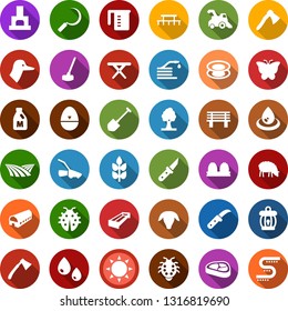 Color back flat icon set - spike vector, field, sun, milk, sheep, steak, duck, farm, manger, harvester, rake, wheelbarrow, hoe, plant label, shovel, tree, lawn mower, butterfly, lady bug, water drop