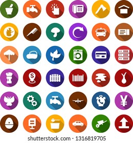 Color back flat icon set - leaf vector, mortar, mushroom, onion, airport bus, umbrella, phone alarm, credit card, ticket, plane, comb, shaving brush, mining farm, soap, water tap, splotch, washer