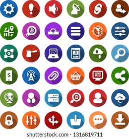 Color back flat icon set - antenna vector, satellite, globe, lock, bitcoin site, search, basket, chain, notebook blocks, blockchain shield, house, earth, navigation, mobile payment, cloud exchange