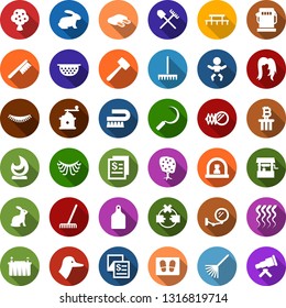 Color back flat icon set - shovel and rake vector, rabbit, duck, ribs, fruit tree, baby, reception, mirror, wave of hair, eyelashes, woman, bitcoin column, fetlock, welcome mat, fence, lawn mower