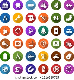 Color back flat icon set - fan vector, battery, oil jack, windmill, pipeline, earth, thermal power plant, barrel, bulb, hydro, socket, forest, eco factory, conveyor, bird, water drop, car, electric