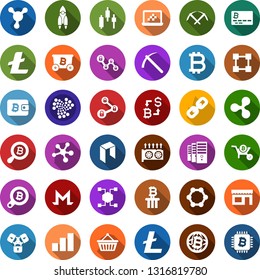 Color back flat icon set - bitcoin sign vector, ripple, litecoin, rocket, iota, monero, neo, mining, farm, equipment, japanese chart, growth graph, exchange, card, search, globe, storefront, basket
