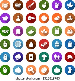 Color back flat icon set - spike vector, field, leaf, rain, seeds, mortar, sheep, eggs, mushroom, manger, hay, potato, onion, orange, seedling, watering can, plant label, pumpkin, pond, barrel, oil