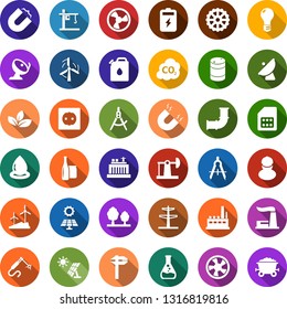 Color back flat icon set - fan vector, battery, sun panel, oil jack, leaf, flask, windmill, pipeline, thermal power plant, barrel, bulb, hydro, line pillar, socket, forest, factory, gear, workman