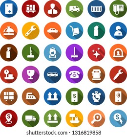 Color back flat icon set - airport bus vector, phone alarm, reception bell, sprayer, mop, car fetlock, window cleaning, iron, agent, shining, cleaner woman, gas station, wrench, support, client