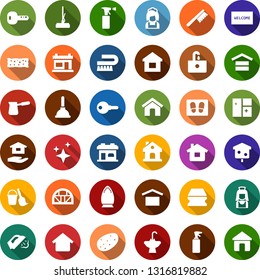 Color back flat icon set - barbershop building vector, sprayer, plunger, bucket and broom, fetlock, mop, sponge, car, window cleaning, welcome mat, iron, steaming, house hold, sink, cleaner woman