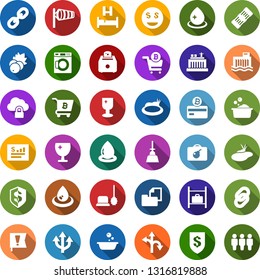 Color back flat icon set - berry vector, bomb in case, bed, wind, luggage storage, bitcoin card, cart, water drop, toilet brush, washer, foam basin, shining window, pond, hydro power plant, route