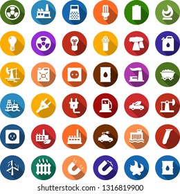 Color back flat icon set - electric razor vector, power plug, fire, offshore oil platform, battery, jack, mine trolley, gas station, windmill, thermal plant, barrel, bulb, hydro, socket, factory