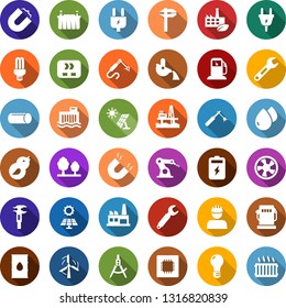 Color back flat icon set - offshore oil platform vector, fan, battery, sun panel, gas station, windmill, barrel, bulb, hydro power plant, plug, forest, factory, eco, conveyor, workman, bird, magnet