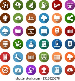 Color back flat icon set - runway vector, satellite antenna, escalator, no smoking, signpost, bomb in case, reception, flight table, list of services, barcode, network, server, folder, cloud, share