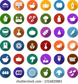 Color back flat icon set - field vector, broccoli, mortar, eggs, mushroom, pumpkin, potato, onion, carrot, orange, pear, plum, corn, cheese, medical room, depilation, shampoo, plant label, seeds