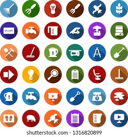 Color back flat icon set - spike vector, shovel and rake, sheep, right arrow, ladder car, hairdresser chair, water tap, splotch, welcome mat, washboard, garden fork, well, bulb, draw, satellite