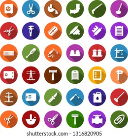Color back flat icon set - safe vector, scissors, razor blade, washboard, saw, hoe, garden knife, oil pipeline, power line pillar, canister, tower crane, welding, calipers, metallurgy, attachment