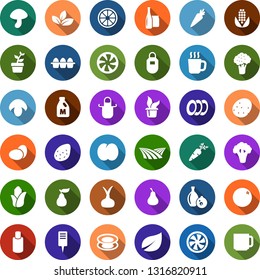 Color back flat icon set - field vector, broccoli, milk, eggs, mushroom, potato, onion, carrot, orange, pear, plum, corn, hot cup, shampoo, cooling, seedling, plant label, leaf, glass bottle, tea