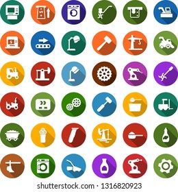 Color back flat icon set - harvester vector, tractor, plow, washer, fork loader, electric razor, hood dryer, washing powder, ripper, lawn mower, oil jack, mine trolley, gear, conveyor, tower crane