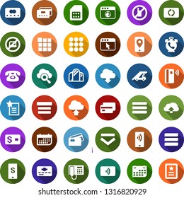Color back flat icon set - phone alarm vector, no mobile, laptop, ladder car, mirror, sim card, tracking, term, payment, credit, tap pay, exchange, cloud glass, browser, menu, download, upload, open