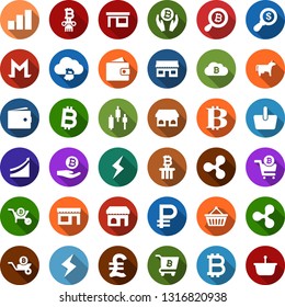 Color back flat icon set - cow vector, shop, wallet, bitcoin sign, ripple, storm, japanese chart, growth graph, palm, search, cloud, storefront, cart, basket, wheelbarrow, column, store, pound