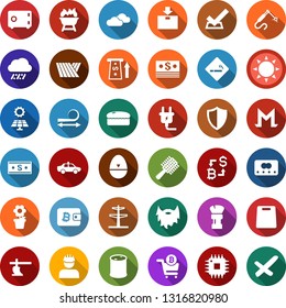 Color back flat icon set - field vector, sun, rain, plow, smoking place, alarm car, clouds, comb, shaving brush, hair straightening, beard, bitcoin exchange, cart, power plug, wallet, wheelbarrow