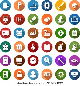 Color back flat icon set - eggs vector, cheese, satellite antenna, alarm clock, male, passport, sun, airport building, mirror, hair straightening, litecoin sign, mining, equipment, bitcoin column
