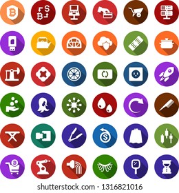Color back flat icon set - orange vector, comb, mirror, hair iron, cloack, eyelashes, woman, japanese chart, bitcoin exchange, shield, cart, blockchain cube, rocket, flower in pot, farm fork, pond