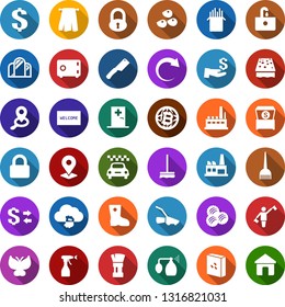 Color back flat icon set - seeds vector, wool, dispatcher, taxi, lock, medical room, pump sprayer, hair dye, shaving brush, mirror, towel, bitcoin globe, cloud, mop, sponge, welcome mat, sink, boot