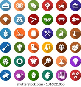Color back flat icon set - spike vector, field, leaf, broccoli, seeds, fertilizer, distilizer, shovel and rake, sheep, chicken, rabbit, fruit tree, corn, tractor, cheese, plow, mining farm, sprayer
